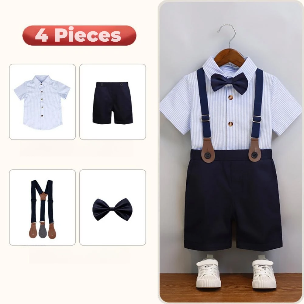 Handsome Elegant Boys Overalls 4 Pieces Striped Shirt Jumpsuit With Bow-tie Wedding Ring Bearer Outfit Summer Kids Clothes
Handsome Elegant Boys Overalls 4 Pieces Striped Shirt Jumpsuit With Bow-tie Wedding Ring Bearer Outfit Summer Kids Clothes