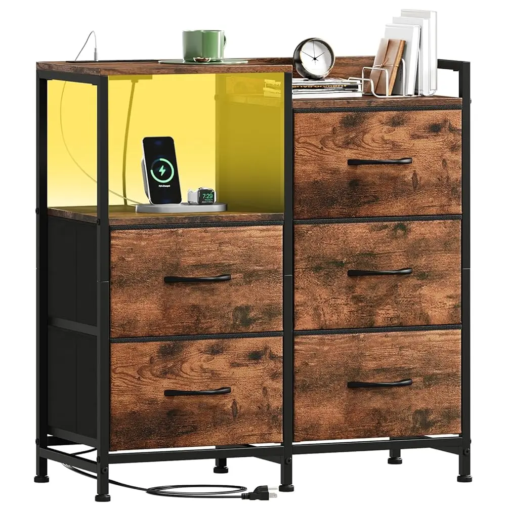 Nightstand With Charging Station And Led Light, Wide 5 Drawers Dresser For Bedroom With Fabric Bins And Open Shelf For Bedroom
Nightstand With Charging Station And Led Light, Wide 5 Drawers Dresser For Bedroom With Fabric Bins And Open Shelf For Bedroom