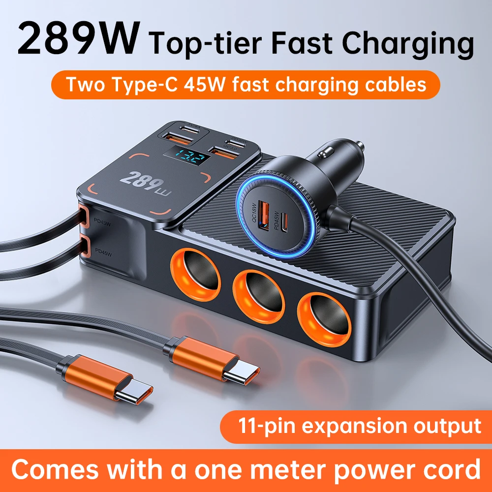 Car Cigarette Lighter Socket Adapter 1 to 3 with Retractable Cable 12V/24V Multi-Port PD Flash Charging USB Fast Charger 289W
Car Cigarette Lighter Socket Adapter 1 to 3 with Retractable Cable 12V/24V Multi-Port PD Flash Charging USB Fast Charger 289W