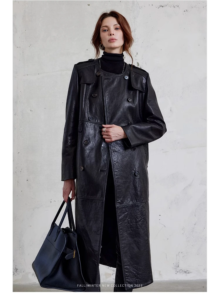 Simple O-neck Real Sheepskin Trench Coats for Women High-end Casual Double Breasted Belted Black Long Genuine Leather Jacket
Simple O-neck Real Sheepskin Trench Coats for Women High-end Casual Double Breasted Belted Black Long Genuine Leather Jacket