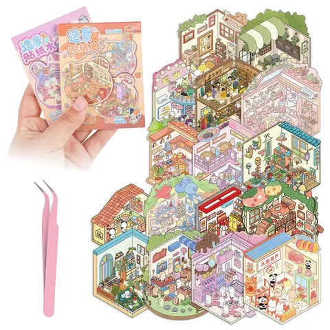 Pocket DIY 3D Sticker Scene Collection Book DIY 3D House Stickers Therapy Cute Cartoon Mini Stickers Scenes for Relief Stress