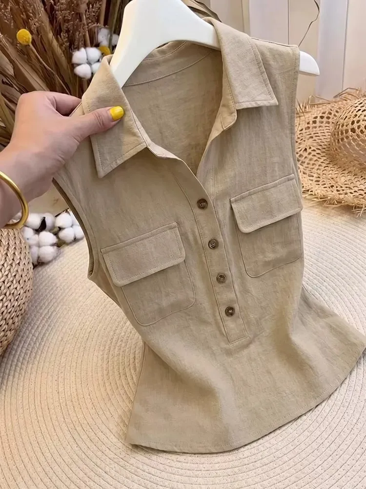 Retro Workwear Collared Cotton Linen Sleeveless Shirt Women Summer Casual Loose Double Pocket Outerwear Vest Top
Retro Workwear Collared Cotton Linen Sleeveless Shirt Women Summer Casual Loose Double Pocket Outerwear Vest Top