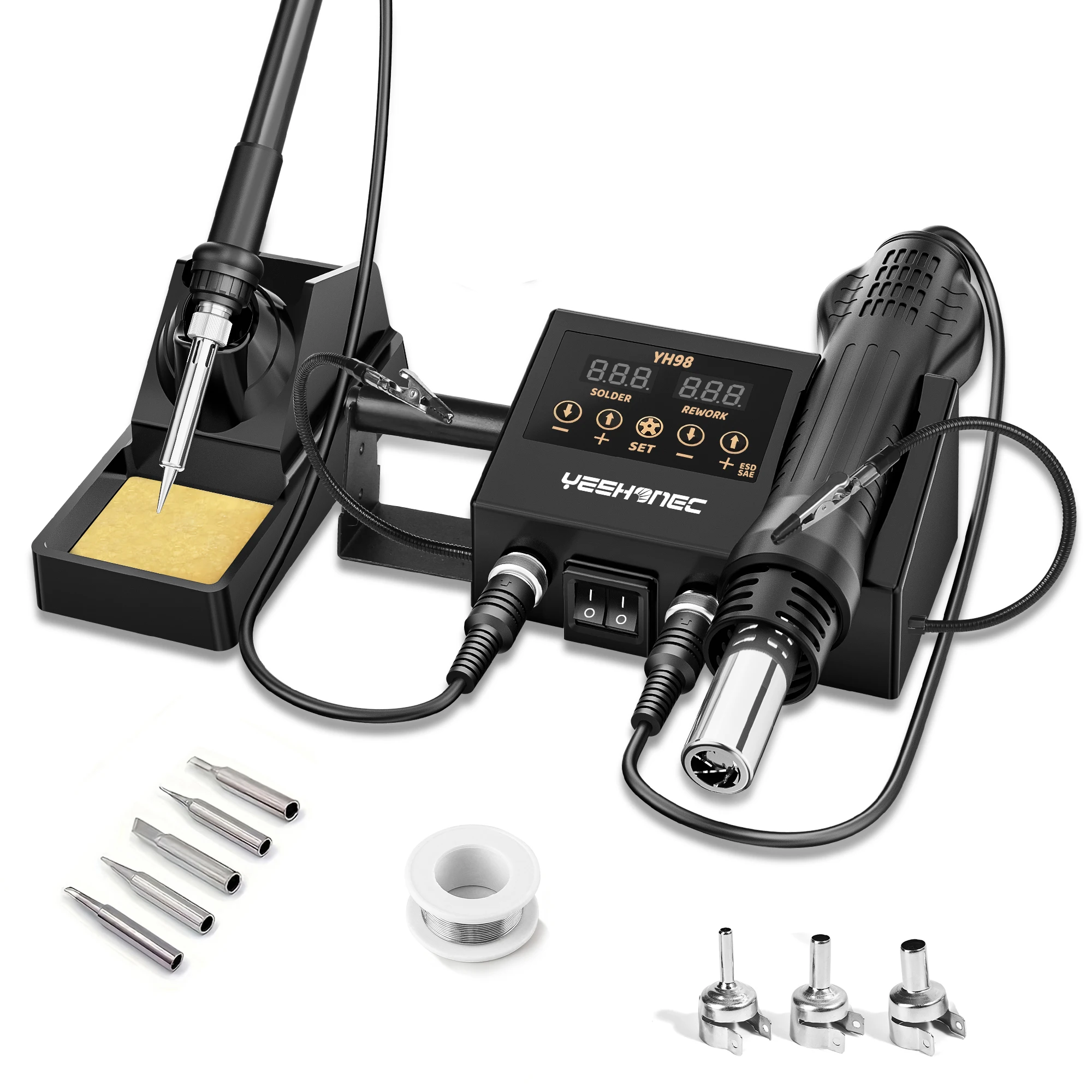 YEEHONEC Soldering Station: 60W iron & 600W hot air gun. LED display, auto sleep, PID control. For home/industrial repair
YEEHONEC Soldering Station: 60W iron & 600W hot air gun. LED display, auto sleep, PID control. For home/industrial repair