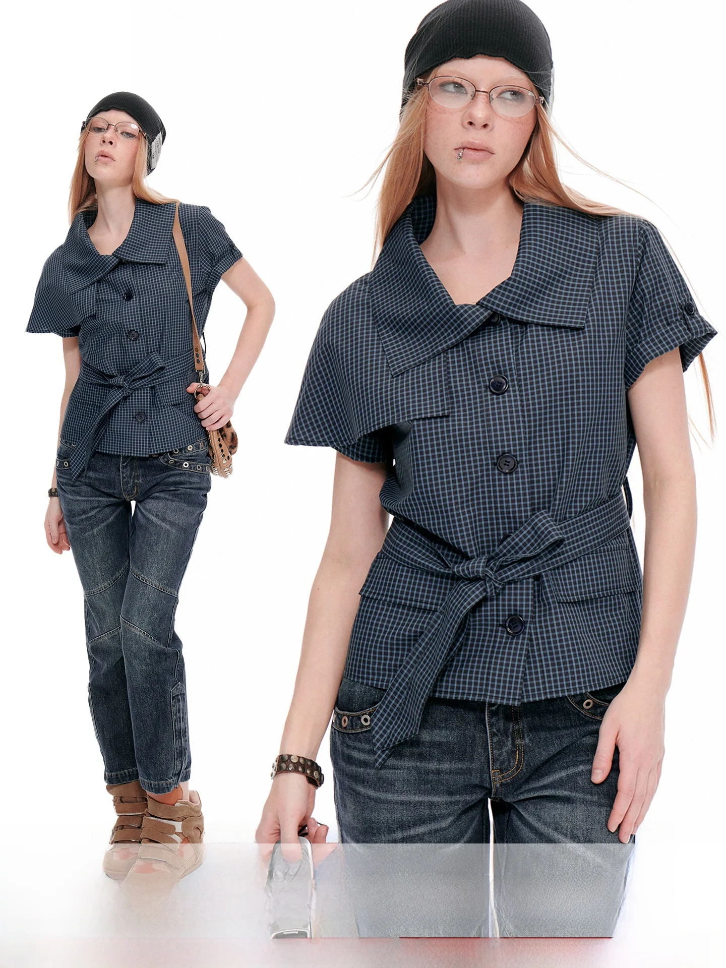 JIKOO Women's Elegant Plaid Short Sleeve Shirt Summer Commute Versatile Belted Slimming Short Length Top Breathable Cotton
JIKOO Women's Elegant Plaid Short Sleeve Shirt Summer Commute Versatile Belted Slimming Short Length Top Breathable Cotton
