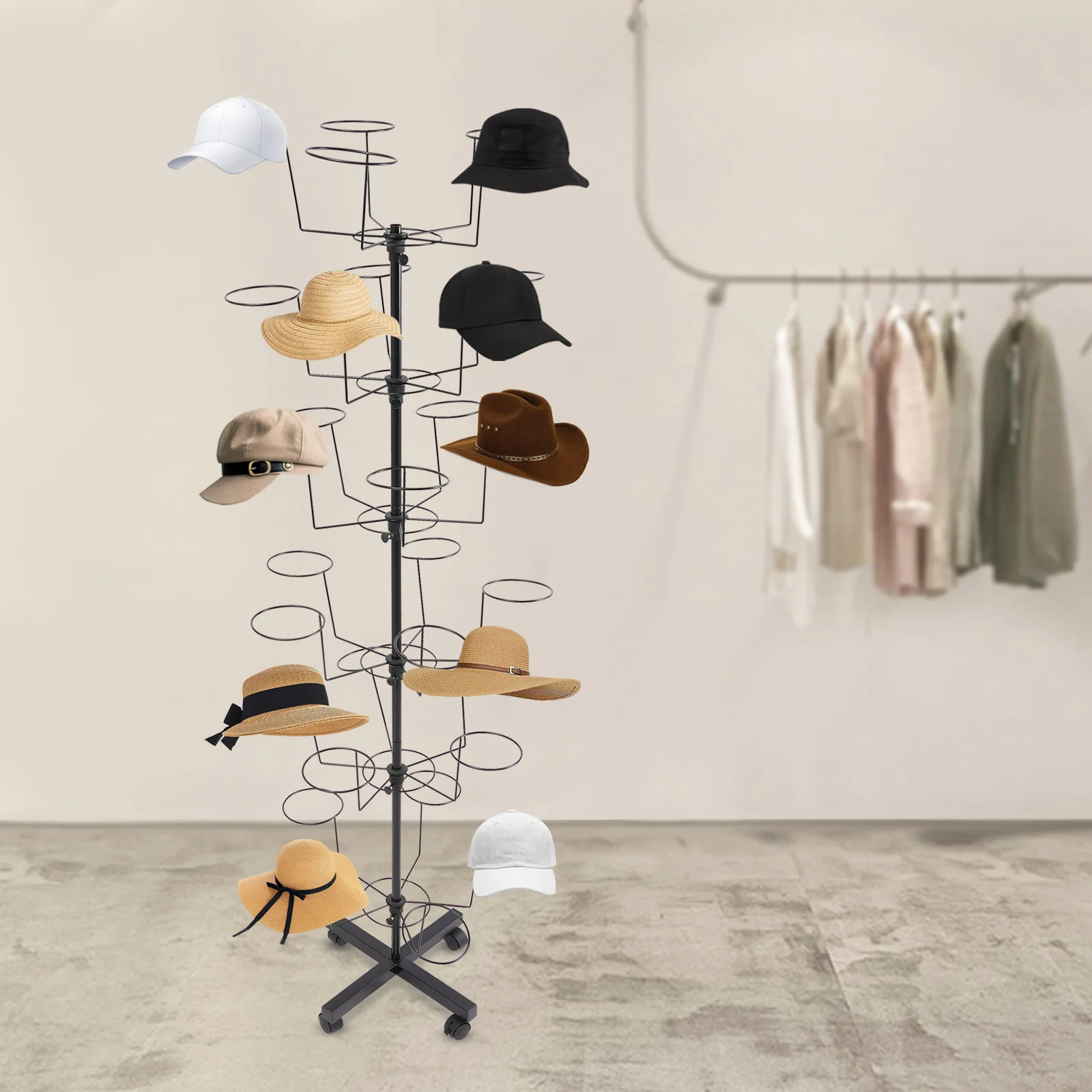 Black Metal 1.6m 6-story Rotating Hat Rack with Wheels Floor-standing Storage Rack Multifunctional Clothes Storage Rack
Black Metal 1.6m 6-story Rotating Hat Rack with Wheels Floor-standing Storage Rack Multifunctional Clothes Storage Rack