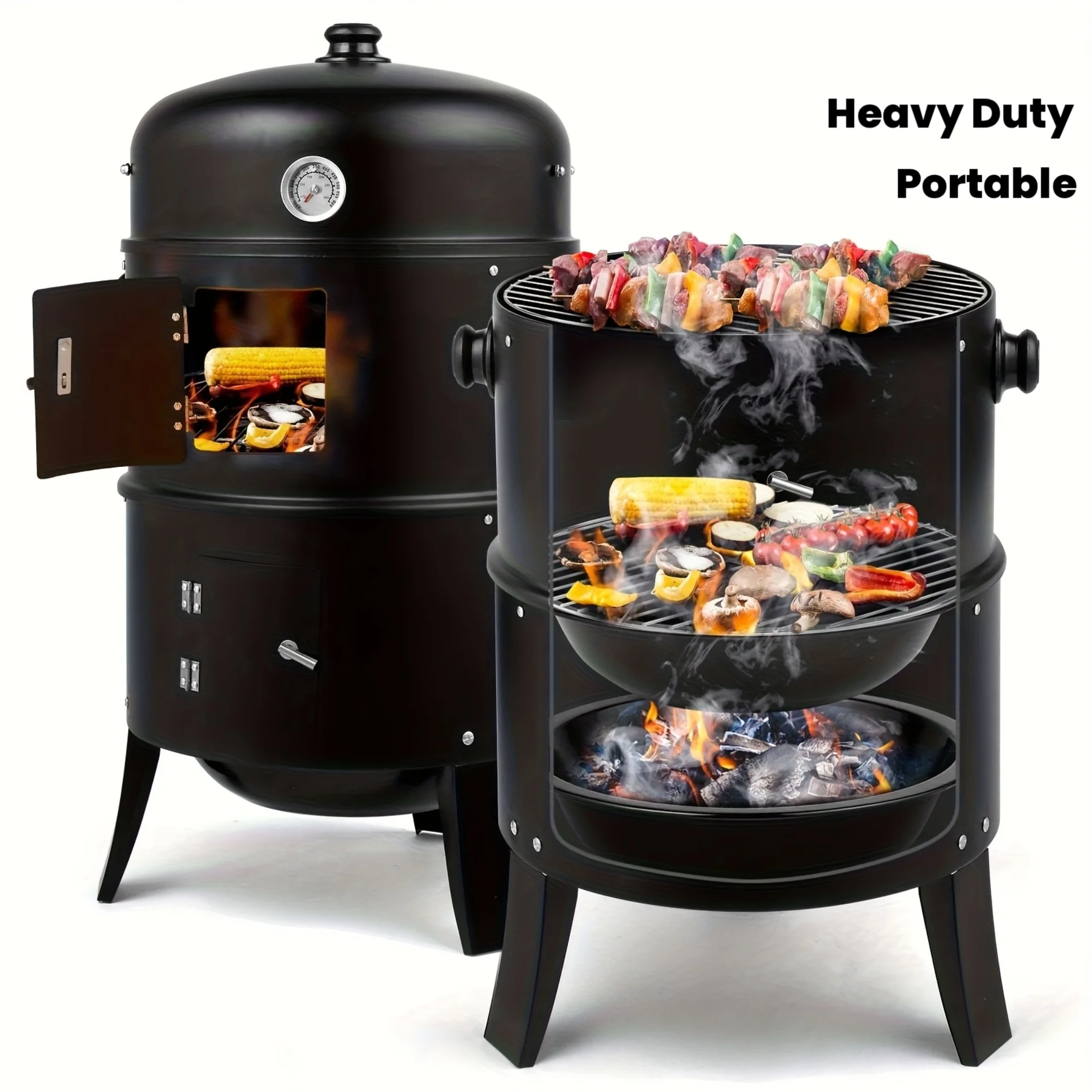 Portable 3-in-1 Charcoal Smoker Grill with Built-in Thermometer - Heavy-Duty Steel Outdoor BBQ Smoker & Grill, Adjustable Height
Portable 3-in-1 Charcoal Smoker Grill with Built-in Thermometer - Heavy-Duty Steel Outdoor BBQ Smoker & Grill, Adjustable Height
