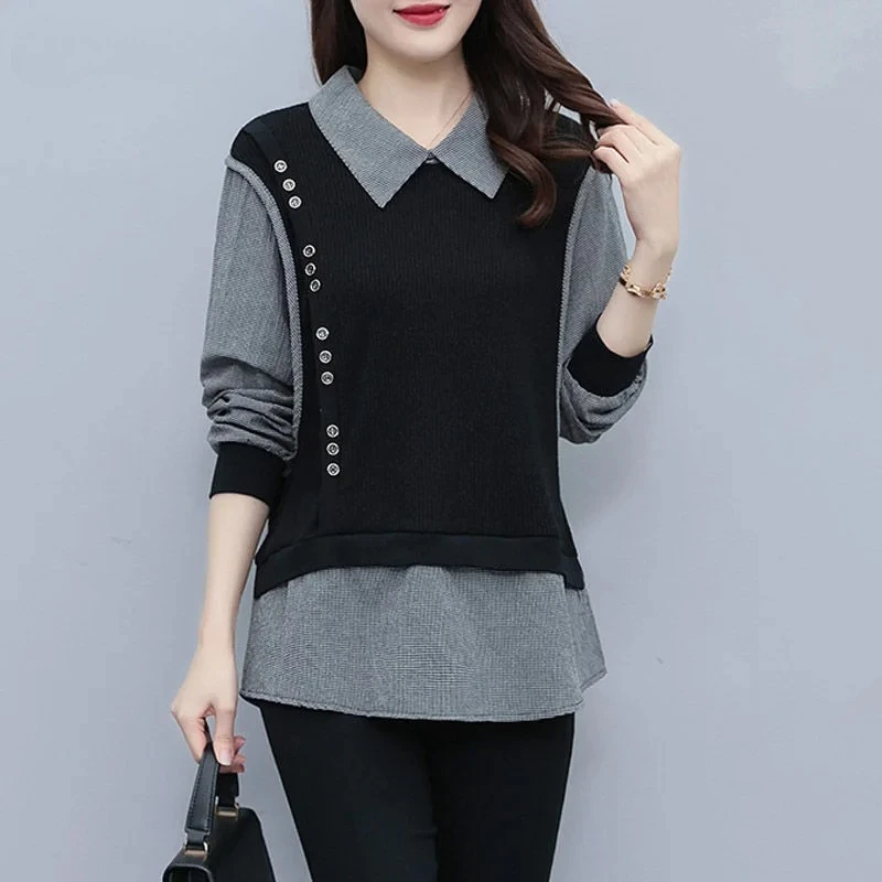 Fake Two Long Sleeved T-shirts for Women 2025 Spring Autumn New Fashion Button Patchwork Doll Collar Long Sleeve Loose Tops
Fake Two Long Sleeved T-shirts for Women 2025 Spring Autumn New Fashion Button Patchwork Doll Collar Long Sleeve Loose Tops