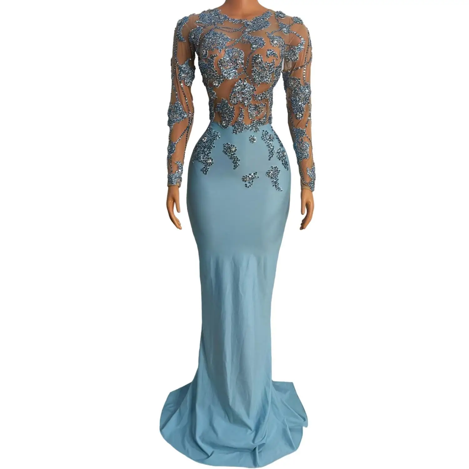 Biyue Light Blue Rhinestone Embellished Sheer Mesh Long Sleeve Mermaid Gown for Drag Queen Stage Performances and Nightclub Even
Biyue Light Blue Rhinestone Embellished Sheer Mesh Long Sleeve Mermaid Gown for Drag Queen Stage Performances and Nightclub Even