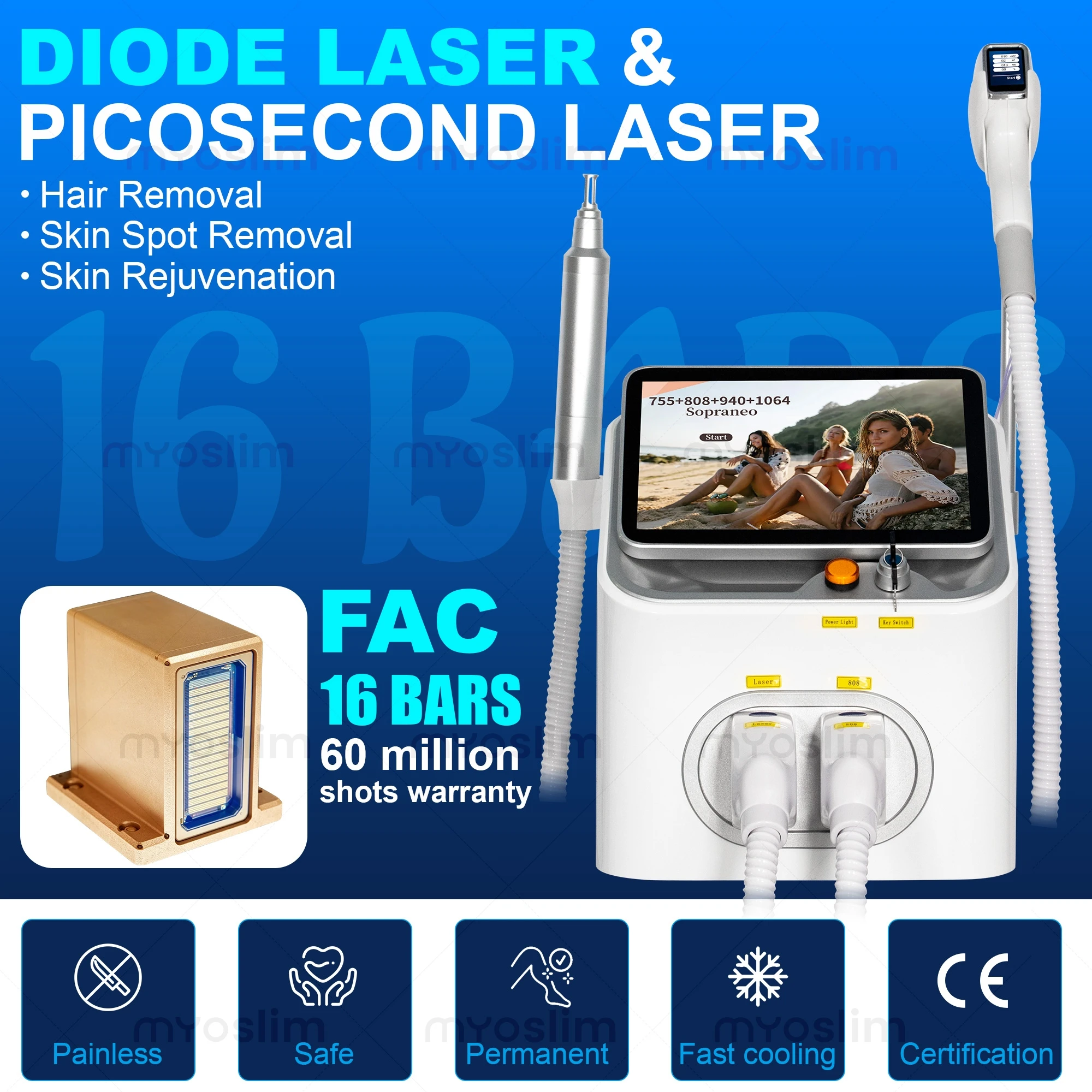 5000W Professional 2 IN 1 4 Wave FAC 808 Diode Laser Permanent Painless Hair Removal Picosecond Laser Tattoo Removal Machine
5000W Professional 2 IN 1 4 Wave FAC 808 Diode Laser Permanent Painless Hair Removal Picosecond Laser Tattoo Removal Machine