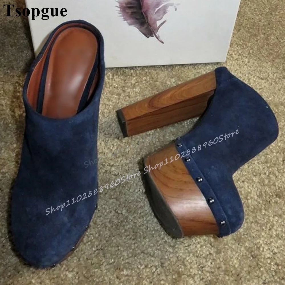 Thick Soled Dark Blue Flock Half Slippers Chunky High Heel Shoes For Women Slip On Round Toe 2025 Fashion Zapatos Para Mujere
Thick Soled Dark Blue Flock Half Slippers Chunky High Heel Shoes For Women Slip On Round Toe 2025 Fashion Zapatos Para Mujere