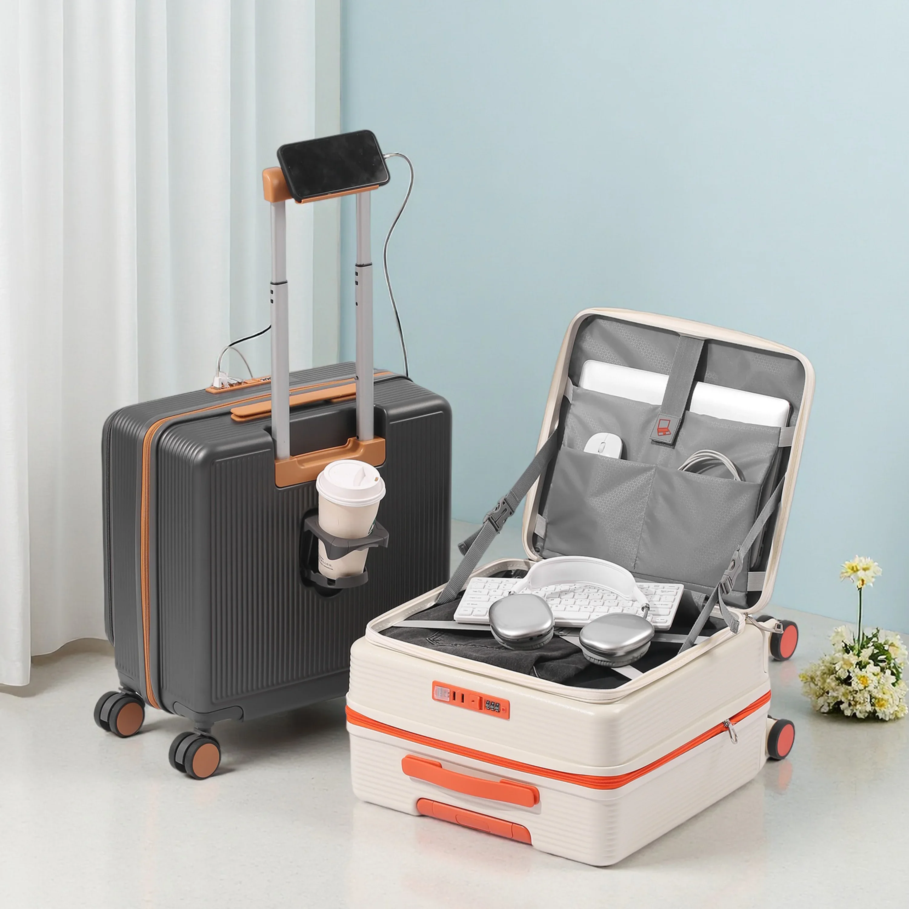 18' Business Carry on Luggage Front Open Suitcase Cup Holder Phone Stand USB Charging Expandable Hard Travel Case Spinner Wheels
18' Business Carry on Luggage Front Open Suitcase Cup Holder Phone Stand USB Charging Expandable Hard Travel Case Spinner Wheels