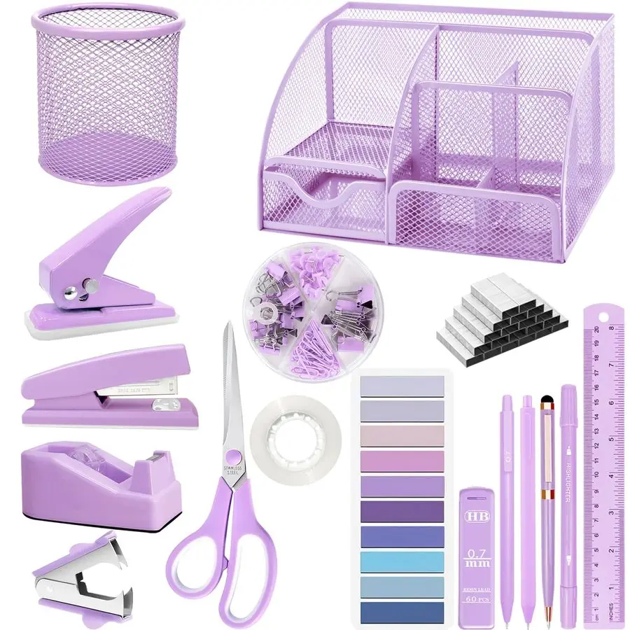 Набор офисных принадлежностей, 17 предметов, фиолетовый: степлер, сетчатый органайзер для стола, диспенсер для скотча, измельчитель скоб, подставка для ручек
Набор офисных принадлежностей, 17 предметов, фиолетовый: степлер, сетчатый органайзер для стола, диспенсер для скотча, измельчитель скоб, подставка для ручек
