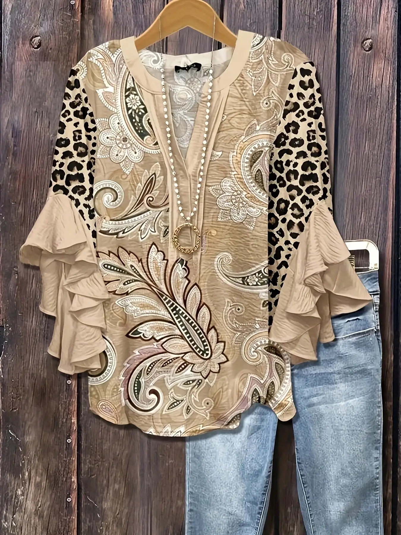 Women's Paisley & Leopard Print Blouse with Ruffle Sleeves, Button-Front Top
Women's Paisley & Leopard Print Blouse with Ruffle Sleeves, Button-Front Top