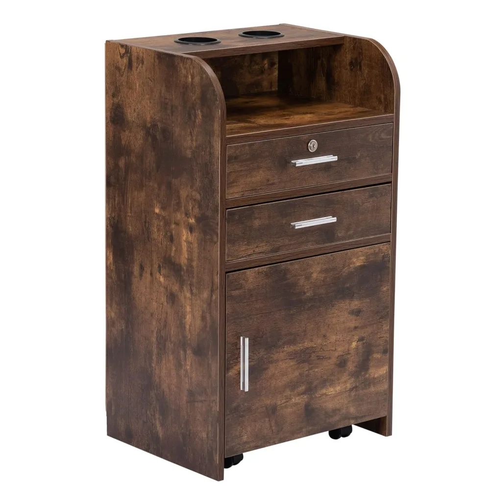 Rustic Brown Hair Stylist Storage Cabinet with Drawers and Wheeled Base, Featuring Dual Hair Dryer Holders
Rustic Brown Hair Stylist Storage Cabinet with Drawers and Wheeled Base, Featuring Dual Hair Dryer Holders