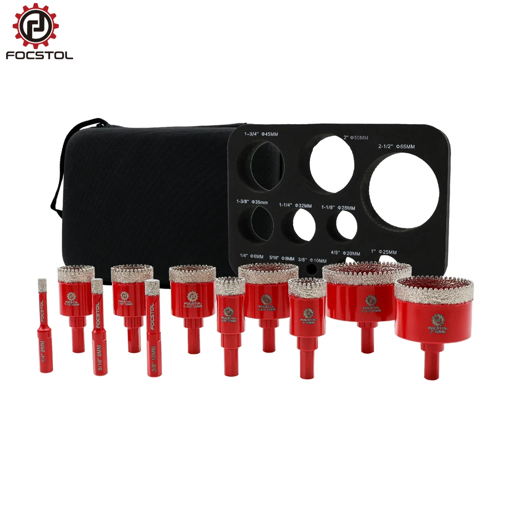 FOCSTOL Набор алмазных сверл, 11 шт., диаметр 6-65 мм для плитки, керамики, гранита, мрамора, треугольного хвостовика, кольцевая пила, сверло 
FOCSTOL Набор алмазных сверл, 11 шт., диаметр 6-65 мм для плитки, керамики, гранита, мрамора, треугольного хвостовика, кольцевая пила, сверло