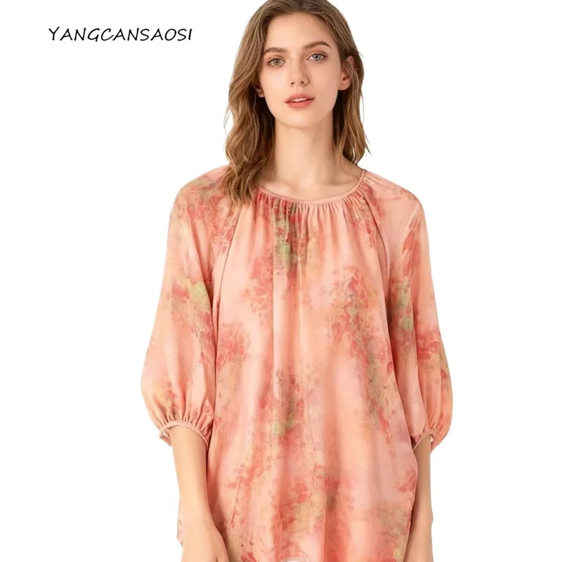 Chrysanthemum Pink Ink Print 100% Natural Mulberry Silk Crepe De Chine French Round Neck Raglan Three-quarters Sleeve T-shirt
Chrysanthemum Pink Ink Print 100% Natural Mulberry Silk Crepe De Chine French Round Neck Raglan Three-quarters Sleeve T-shirt
