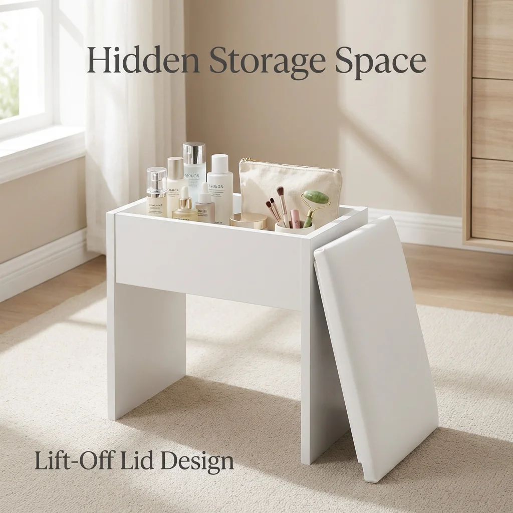 Space-Saving White Vanity Stool with Soft Cushion, Multi-Use Storage Seat for Bedroom, Living Room & Dorm
Space-Saving White Vanity Stool with Soft Cushion, Multi-Use Storage Seat for Bedroom, Living Room & Dorm