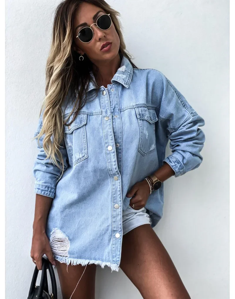 Women Fashion Ripped Mid-length Jeans T-Shirts 2024 Fall New Long Sleeve Denim Tops Sexy Boyfriend Loose Female Thin Coats S-XL
Women Fashion Ripped Mid-length Jeans T-Shirts 2024 Fall New Long Sleeve Denim Tops Sexy Boyfriend Loose Female Thin Coats S-XL
