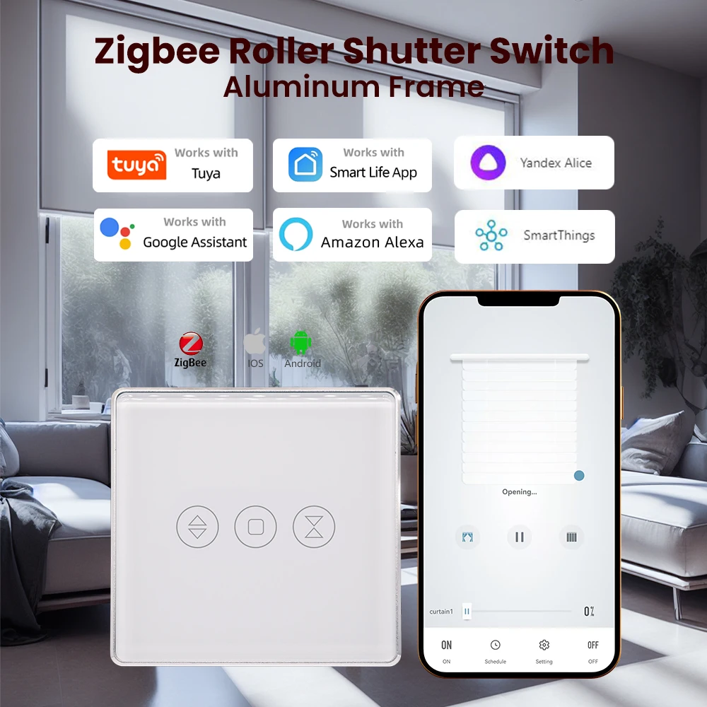 ZigBee Roler shutter switch EU Sliver Aluminum frame 2.5DMM thickness Timer Schedule Wall Light Switch Neutral Wire Smart Switch
ZigBee Roler shutter switch EU Sliver Aluminum frame 2.5DMM thickness Timer Schedule Wall Light Switch Neutral Wire Smart Switch