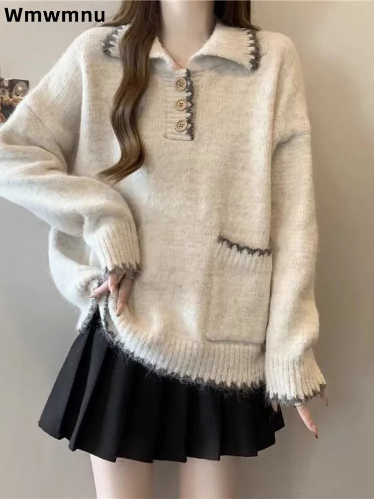Vintage POLO Collar Knitted Sweater Women's Casual Baggy Jumpers Korean Fashion Contrasting Color Soft Knitwear Pullovers
Vintage POLO Collar Knitted Sweater Women's Casual Baggy Jumpers Korean Fashion Contrasting Color Soft Knitwear Pullovers