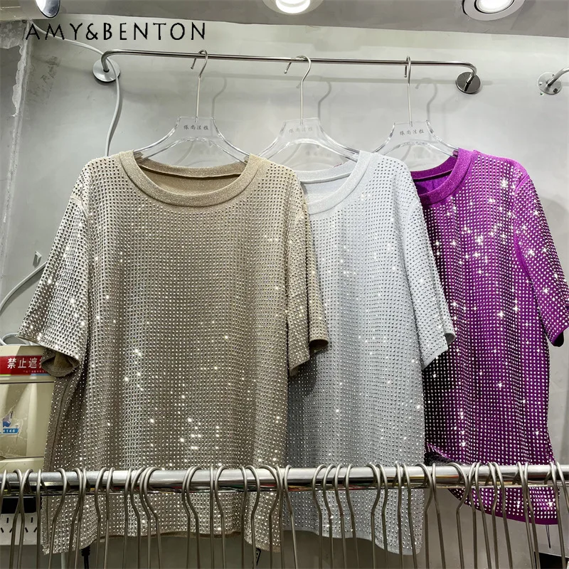 Summer Heavy Craft Full Body Shiny Rhinestone T-shirt Women's Loose Round Neck Short Sleeves Tees Fashion Slim Fit Pullover Top
Summer Heavy Craft Full Body Shiny Rhinestone T-shirt Women's Loose Round Neck Short Sleeves Tees Fashion Slim Fit Pullover Top