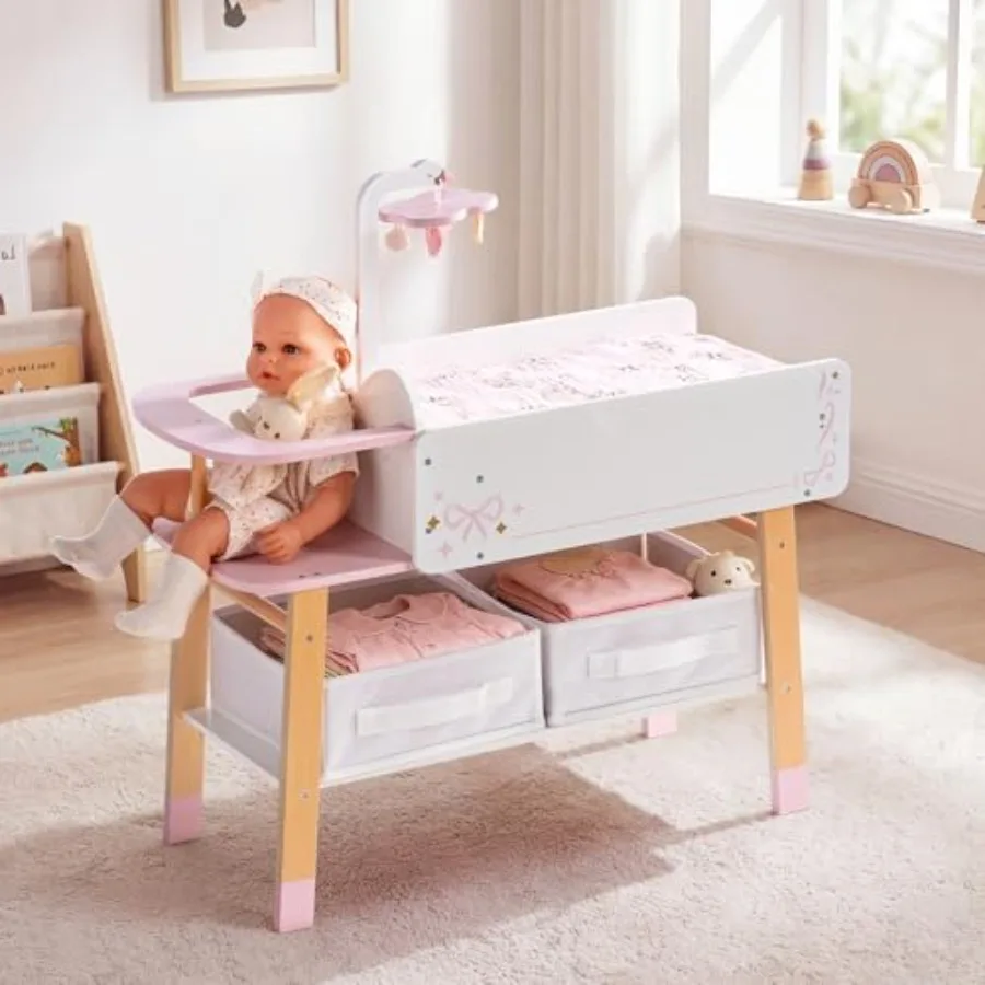 Baby doll changing table for kids 3+, wooden, pink, with mattress, removable sink, 2 fabric drawers, bed bell, realistic detail
Baby doll changing table for kids 3+, wooden, pink, with mattress, removable sink, 2 fabric drawers, bed bell, realistic detail