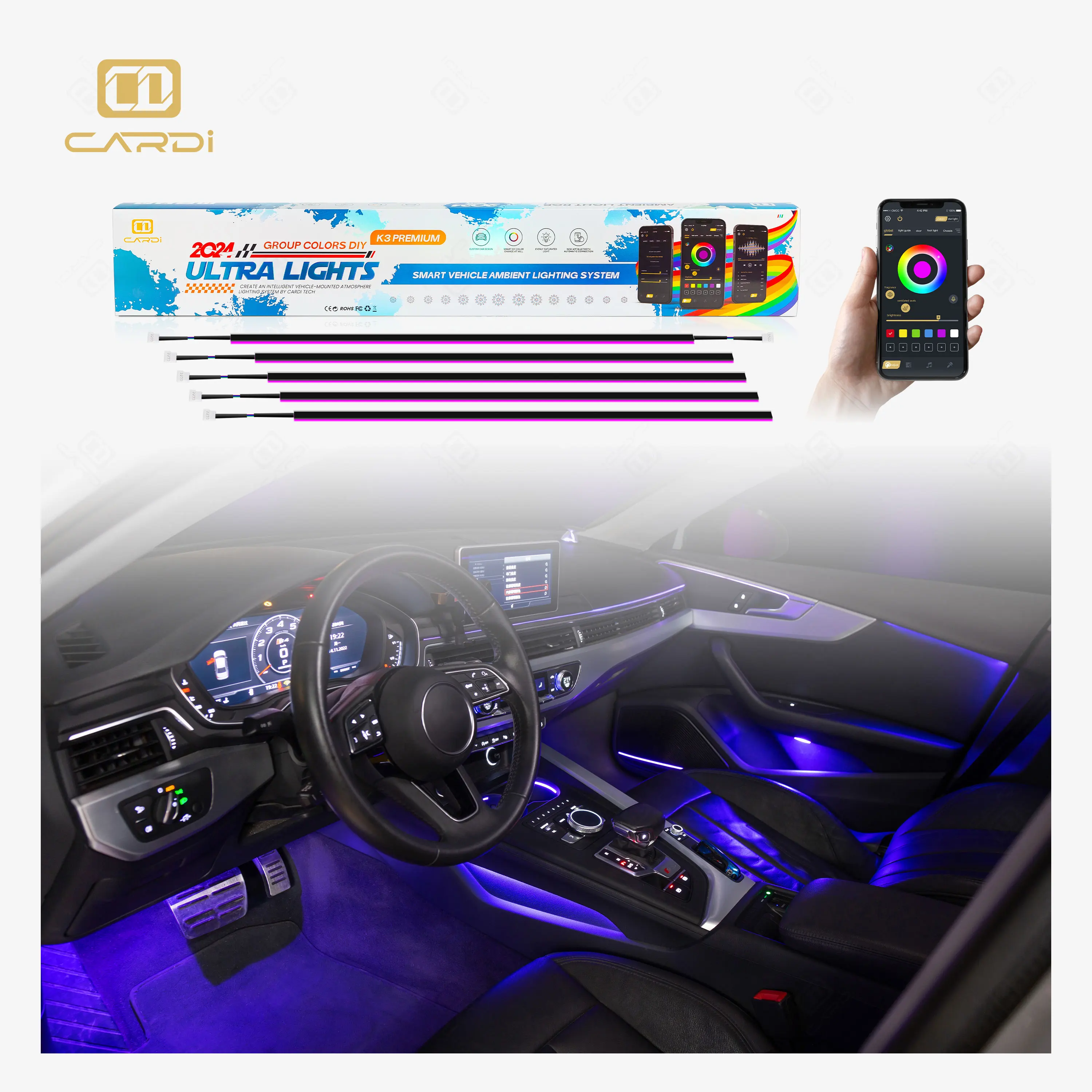 Luxurious ''CARDI'' K3 Car Ambient Light Kit APP CONTROL LED Ambient Lighting Car for Universal 12V Atmosphere Lighting Systems
Luxurious ''CARDI'' K3 Car Ambient Light Kit APP CONTROL LED Ambient Lighting Car for Universal 12V Atmosphere Lighting Systems