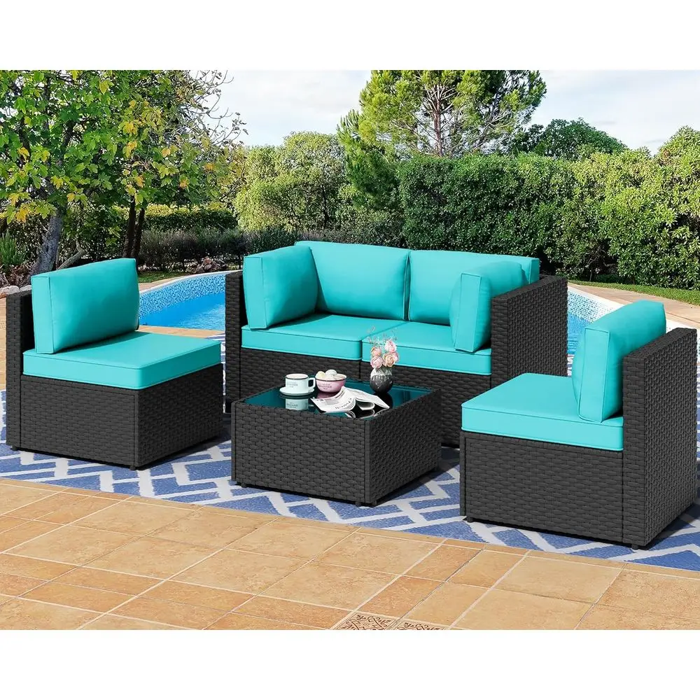 5-Piece Outdoor Patio Sectional Sofa Set, Black PE Wicker, Blue Cushions, Washable, with Glass Coffee Table for Garden and Pools
5-Piece Outdoor Patio Sectional Sofa Set, Black PE Wicker, Blue Cushions, Washable, with Glass Coffee Table for Garden and Pools