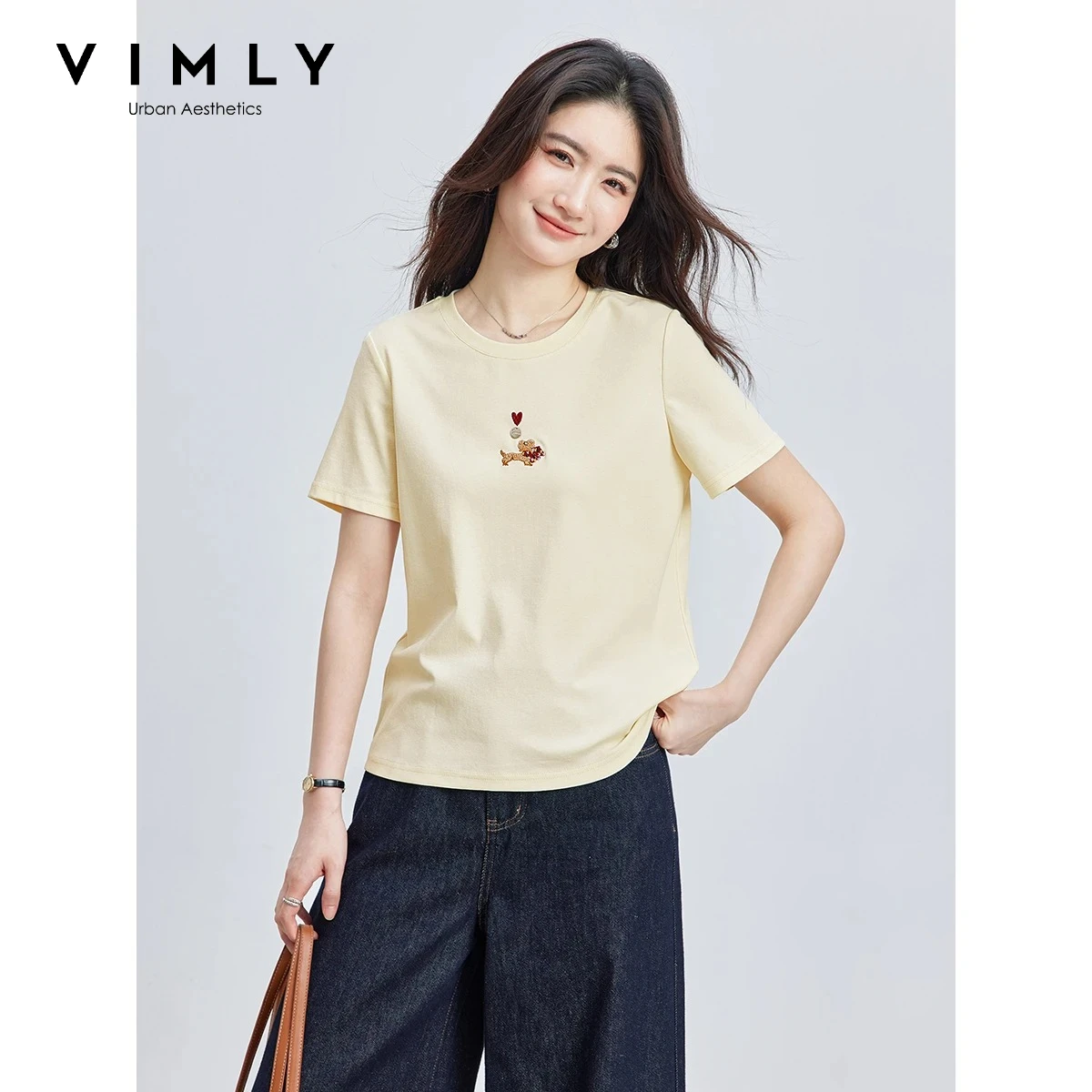 VIMLY Minimalist Cartoon Embroidered Tops for Women 2026 Summer New Versatile Casual Round Neck Cotton Short Sleeve Tee A6625
VIMLY Minimalist Cartoon Embroidered Tops for Women 2026 Summer New Versatile Casual Round Neck Cotton Short Sleeve Tee A6625