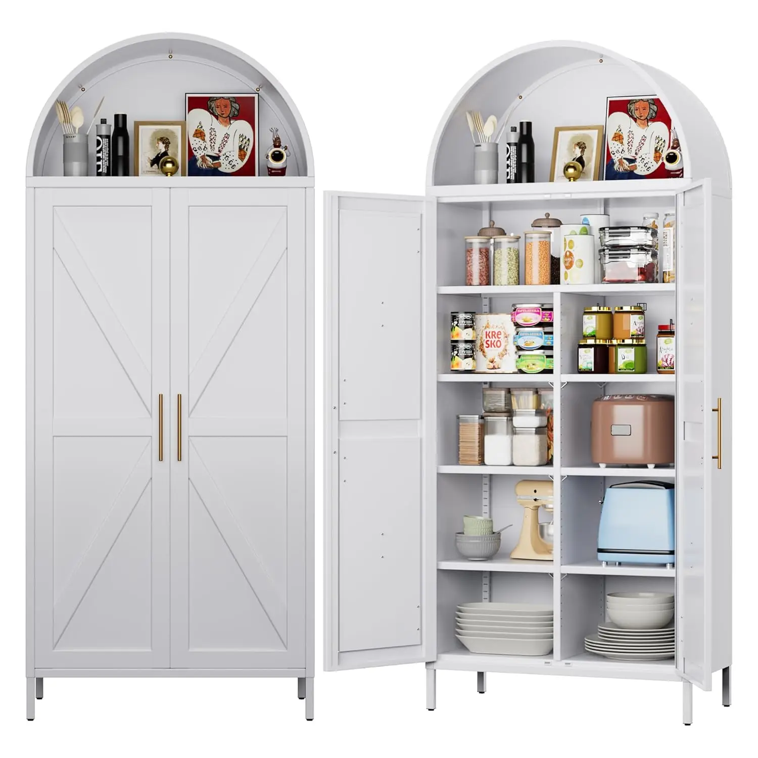 Arched Metal Pantry Cabinet 6 Adjustable Shelves 2 Doors Kitchen Living Room 15.4x30.7x72.8in, Customized
Arched Metal Pantry Cabinet 6 Adjustable Shelves 2 Doors Kitchen Living Room 15.4x30.7x72.8in, Customized