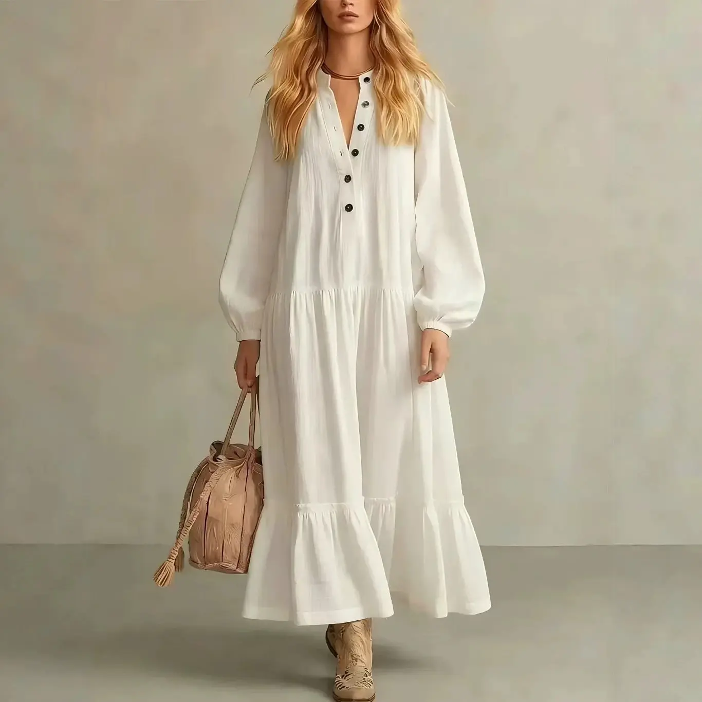 Elegant Solid Color Long Dress for Women's Button V Neck Lantern Sleeve Loose Bohemian Casual Vacation Ruffle Hem Maxi Dress
Elegant Solid Color Long Dress for Women's Button V Neck Lantern Sleeve Loose Bohemian Casual Vacation Ruffle Hem Maxi Dress