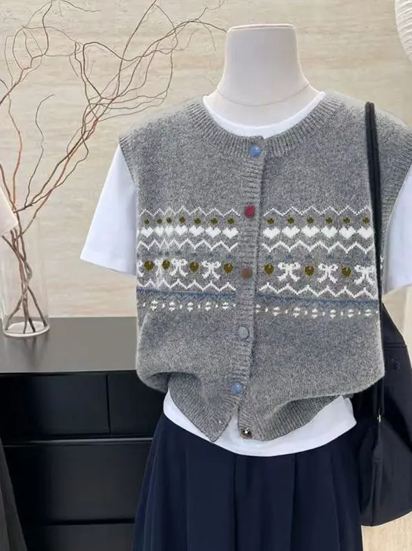 Вязаный жилет с цветочным принтом в стиле ретро, женский жакетный топ, весенне-осенняя верхняя одежда, многослойная модная одежда для поездок на работу, круглый Ne Single Bu...