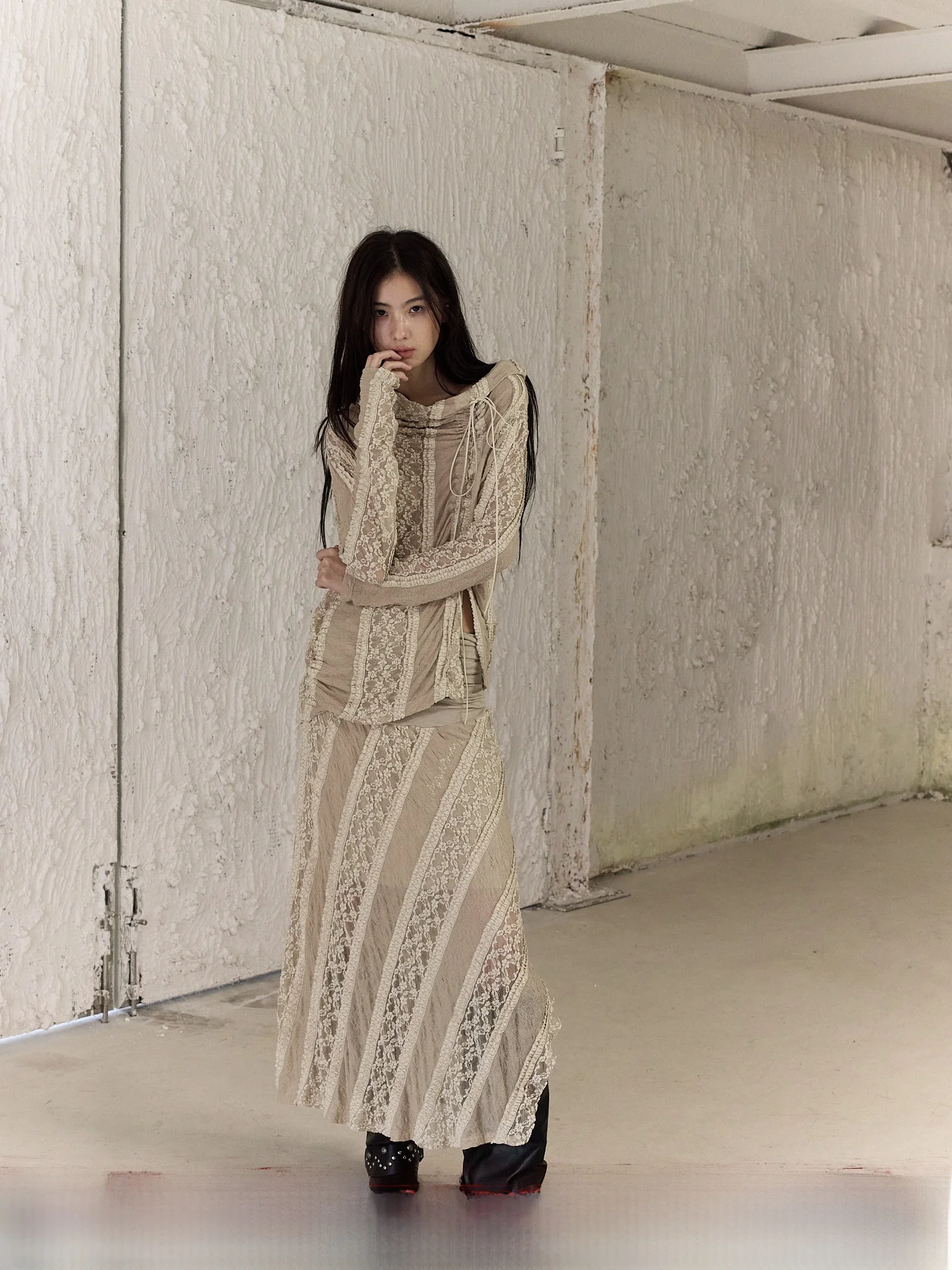 Long Sve Knitted Lace Trim Dstring oulder awl Set Asymmetrical Hemline Midi Skirt Ensemble Original Design by Chang...
Long Sve Knitted Lace Trim Dstring oulder awl Set Asymmetrical Hemline Midi Skirt Ensemble Original Design by Chang...
