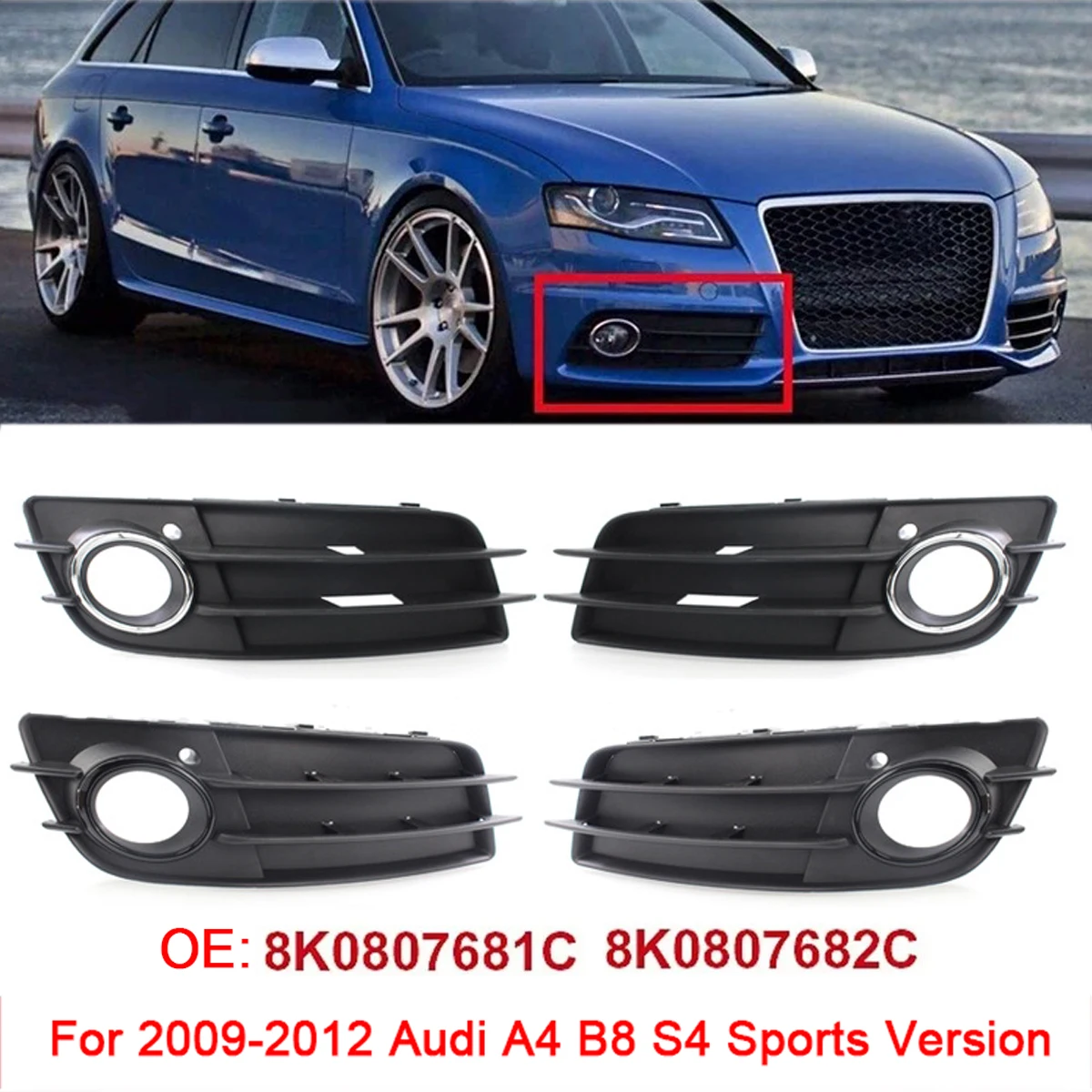 ABS Black Car Front Bumper Fog Light Cover Lower Bezels Grille for Audi A4 B8 S4 S-line 2009-2012 8K0807681C 8K0807682C
ABS Black Car Front Bumper Fog Light Cover Lower Bezels Grille for Audi A4 B8 S4 S-line 2009-2012 8K0807681C 8K0807682C