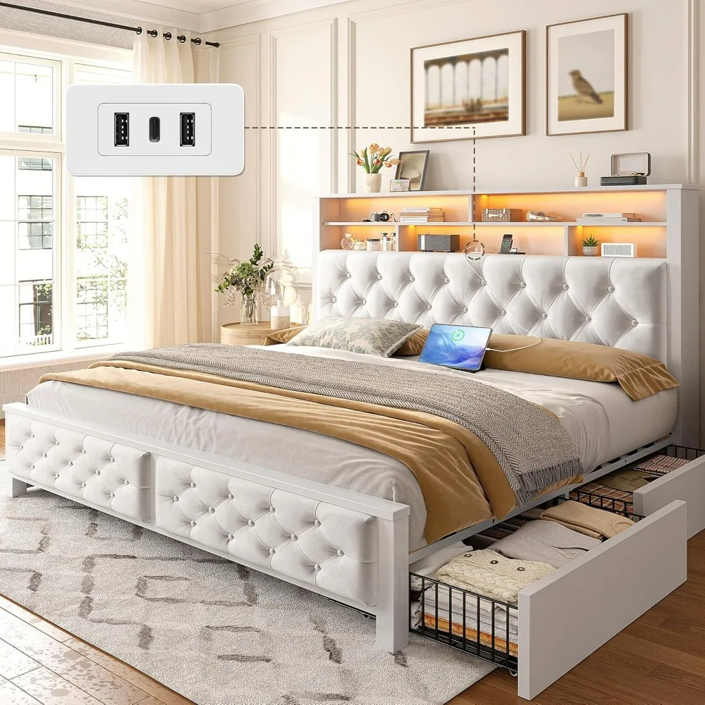 Queen Bed Frame with Storage Headboard & 4 Drawers, Charging Station & LED Lights, Upholstered Bedframe with Wood Slats Support
Queen Bed Frame with Storage Headboard & 4 Drawers, Charging Station & LED Lights, Upholstered Bedframe with Wood Slats Support