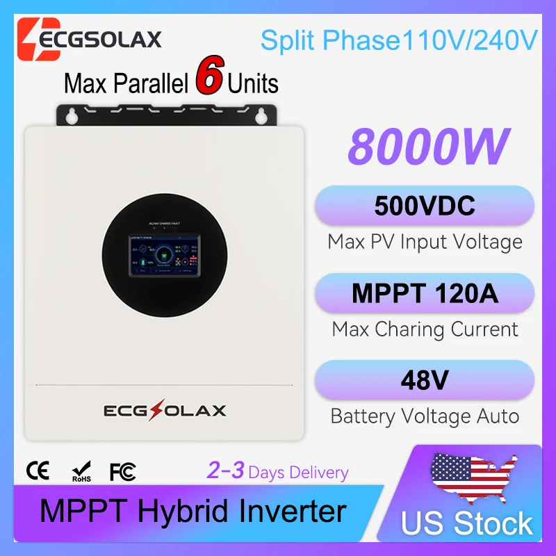 ECGSOLAX 8KW Hybrid Solar Inverter 48V 110V 240V Split Phase Pure Sine Wave Inverter With MPPT 120A Solar Charger Max PV 500VDC
ECGSOLAX 8KW Hybrid Solar Inverter 48V 110V 240V Split Phase Pure Sine Wave Inverter With MPPT 120A Solar Charger Max PV 500VDC