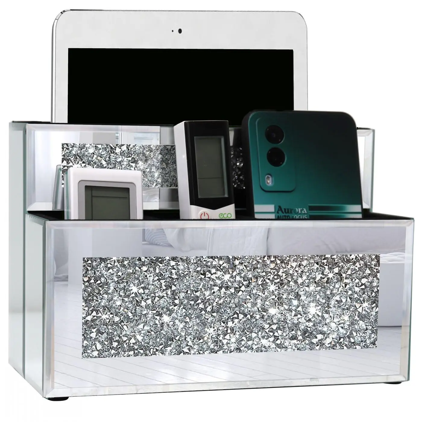 Mirrored Remote Holder Wall or Tabletop Mounted Crush Diamond Bling Decoration Storage Box for Remote Phone Makeup Brush 4 Slots
Mirrored Remote Holder Wall or Tabletop Mounted Crush Diamond Bling Decoration Storage Box for Remote Phone Makeup Brush 4 Slots