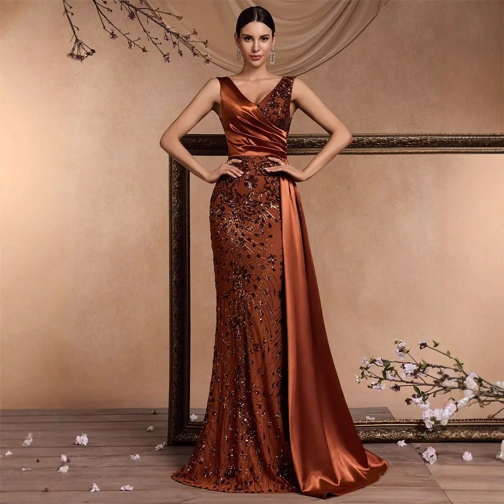 Caramel Satin Mermaid Maxi Dress Deep V Sleeveless Ruched Bodice Hand Beaded Sequin Skirt Side Satin Train Wedding Formal Gown
Caramel Satin Mermaid Maxi Dress Deep V Sleeveless Ruched Bodice Hand Beaded Sequin Skirt Side Satin Train Wedding Formal Gown