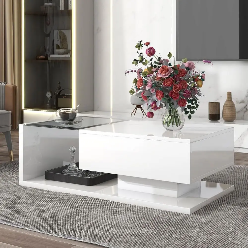 Coee Table with Der or Living Room, High Gloss UV Surace Cocktail Table, 2-Tier RecCenter Table with Tempered Glass, White
Coee Table with Der or Living Room, High Gloss UV Surace Cocktail Table, 2-Tier RecCenter Table with Tempered Glass, White