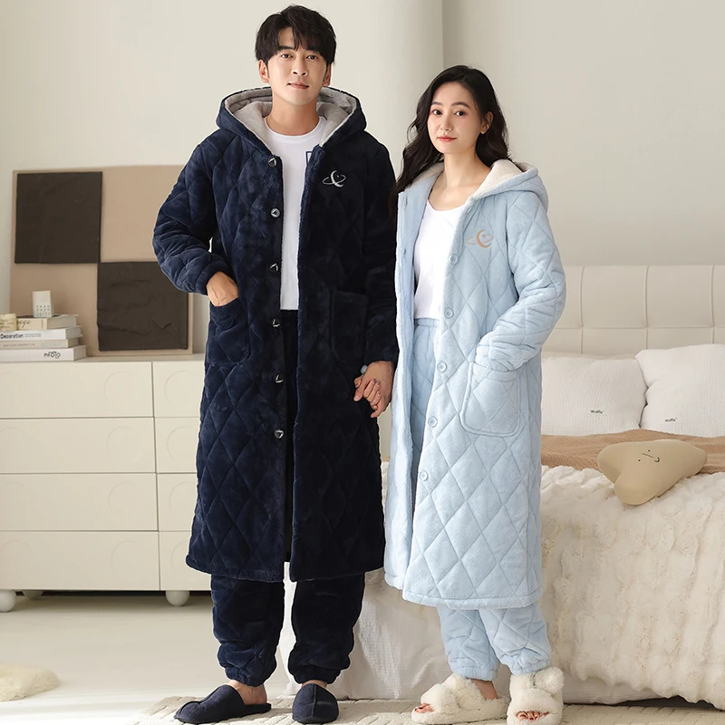 Big Size 2 Pieces Set Couple Hooded Robe Winter 3 Layer Clip Cotton Robe Long Bathrobe+Pant Thick Warm Men and Women Pijamas
Big Size 2 Pieces Set Couple Hooded Robe Winter 3 Layer Clip Cotton Robe Long Bathrobe+Pant Thick Warm Men and Women Pijamas