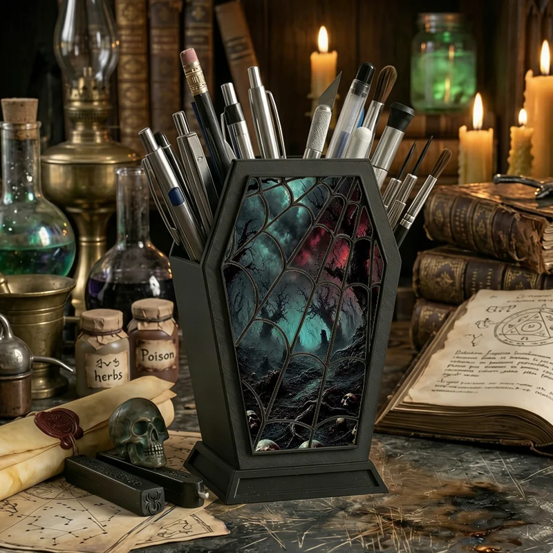 Gothic Coffin Pen Holder Spider Web Print Desktop Organizer Halloween Dark Academia Stationery Storage Box for Pens Brushes Offi
Gothic Coffin Pen Holder Spider Web Print Desktop Organizer Halloween Dark Academia Stationery Storage Box for Pens Brushes Offi