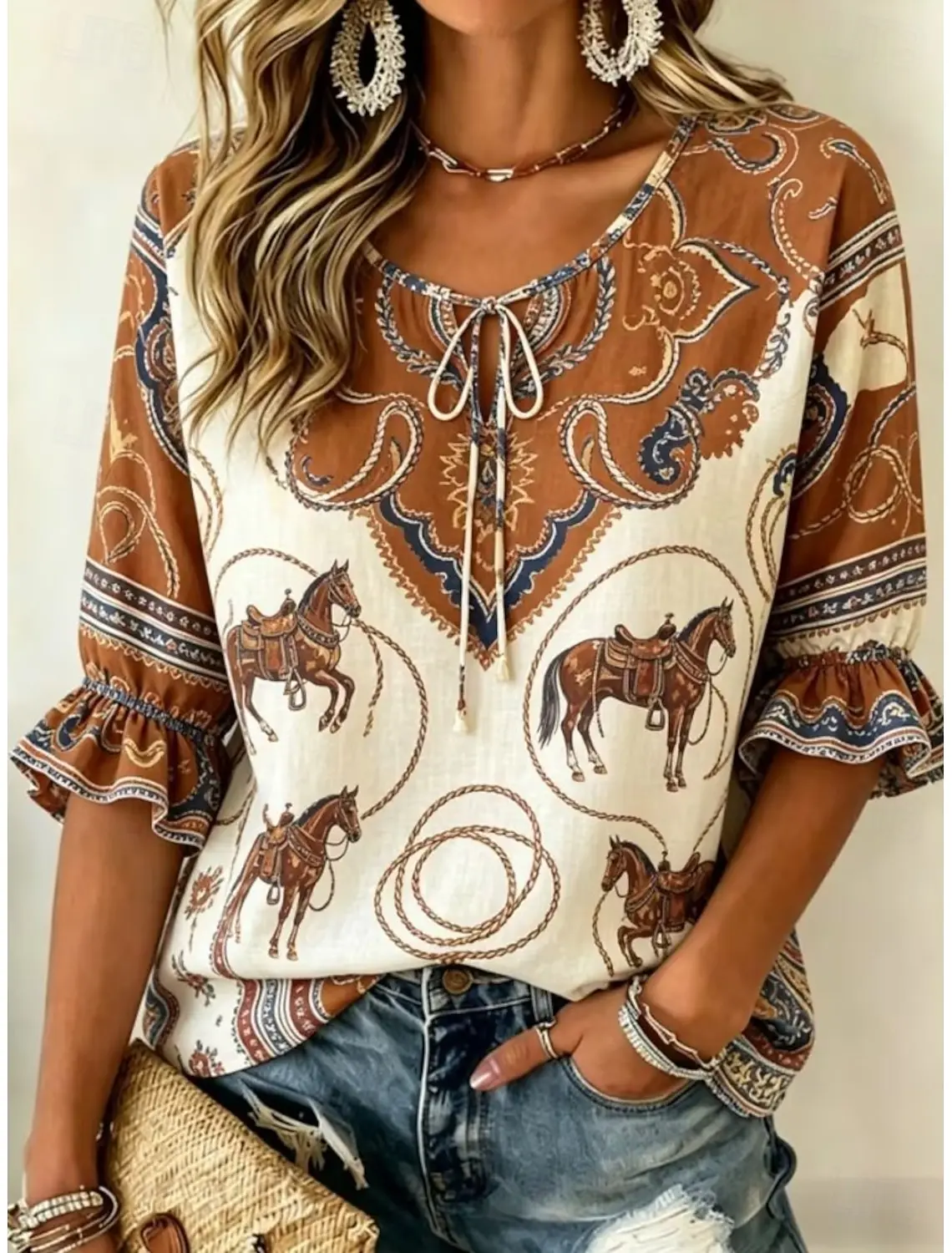 Women's Beige Western Horse Print Tie Neck Blouse, Casual Loose Tops for Spring Summer Daily Wear & Vacation Occasions
Women's Beige Western Horse Print Tie Neck Blouse, Casual Loose Tops for Spring Summer Daily Wear & Vacation Occasions