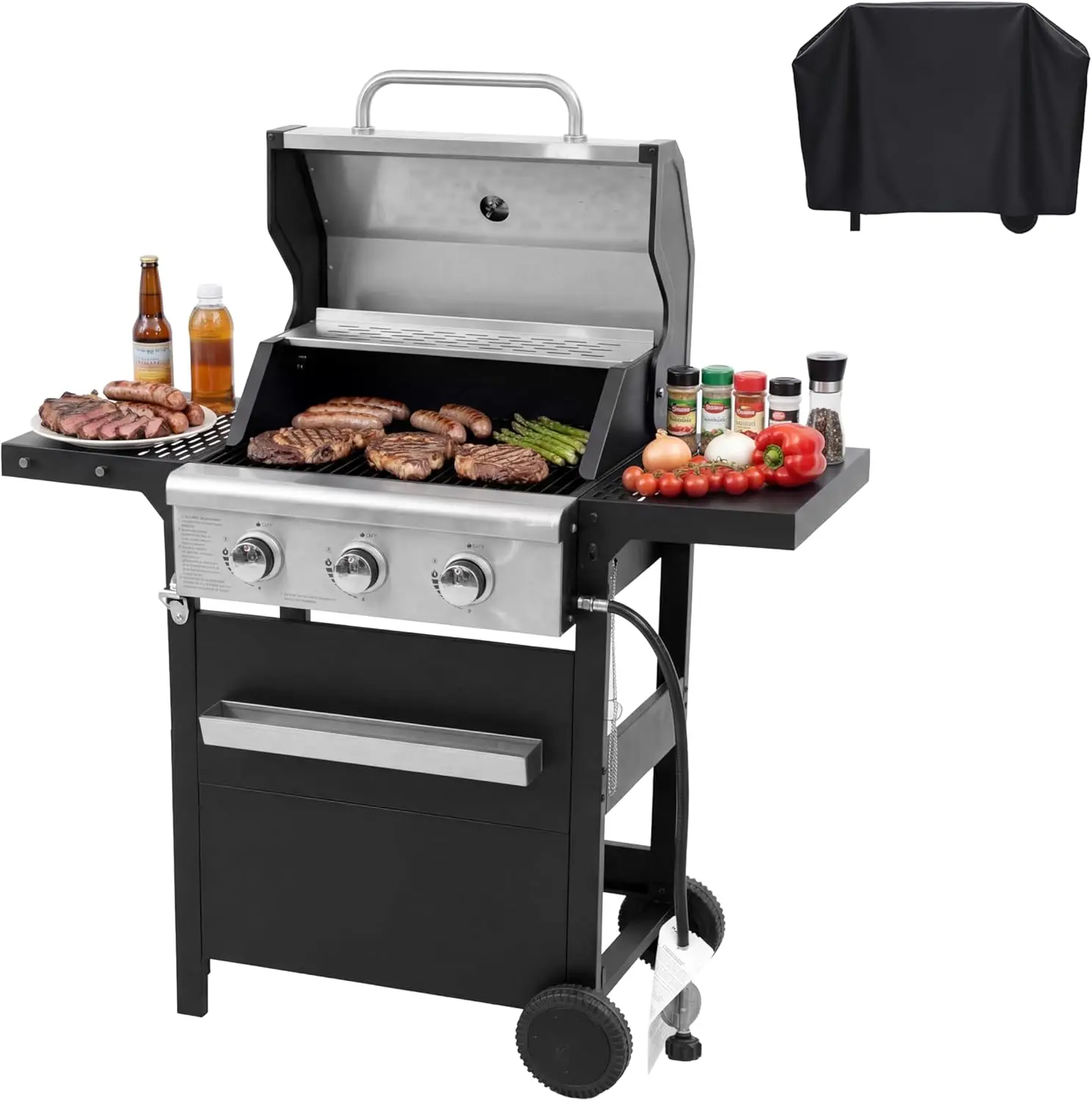 Outdoor Propane Gas Grill with 3 Burners - 40,500 BTU Side-Fire Function, Stainless Steel Body, Enameled Cast Iron Cooking Grates, Built-in Thermometer, Wheeled Mobility, Perfect for Patio & Garden BBQ
Outdoor Propane Gas Grill with 3 Burners - 40,500 BTU Side-Fire Function, Stainless Steel Body, Enameled Cast Iron Cooking Grates, Built-in Thermometer, Wheeled Mobility, Perfect for Patio & Garden BBQ