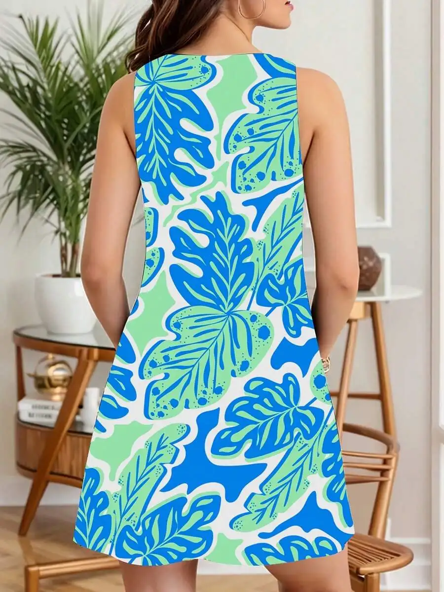 Women Sleeveless Dress Blue Green Leaf Print Summer Beach Party Casual
Women Sleeveless Dress Blue Green Leaf Print Summer Beach Party Casual