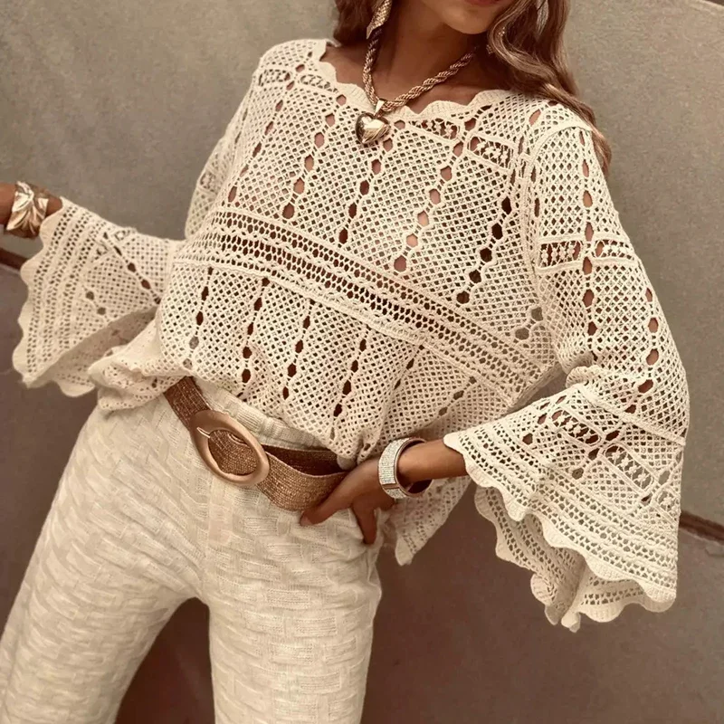 Spring Summer Lace Crochet Women's White Shirts New Hollow Out Beach Bohemian Cover Up Tees Female Long Sleeve Knitted Tops
Spring Summer Lace Crochet Women's White Shirts New Hollow Out Beach Bohemian Cover Up Tees Female Long Sleeve Knitted Tops