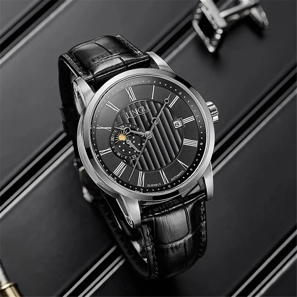 JINLERY Men Automatic Self-Wind Mechanical Moon Phase Wrist Watch Business Simple Casual Leather Strap Sapphire Glass Male Clock
JINLERY Men Automatic Self-Wind Mechanical Moon Phase Wrist Watch Business Simple Casual Leather Strap Sapphire Glass Male Clock