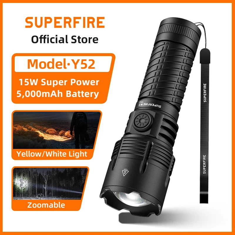SUPERFIRE Y52 Zoom Flashlight, Dual White/Yellow Light, ype-C Rechargeable Torch 750m Long Range Fishing Lantern, Aluminum Alloy
SUPERFIRE Y52 Zoom Flashlight, Dual White/Yellow Light, ype-C Rechargeable Torch 750m Long Range Fishing Lantern, Aluminum Alloy