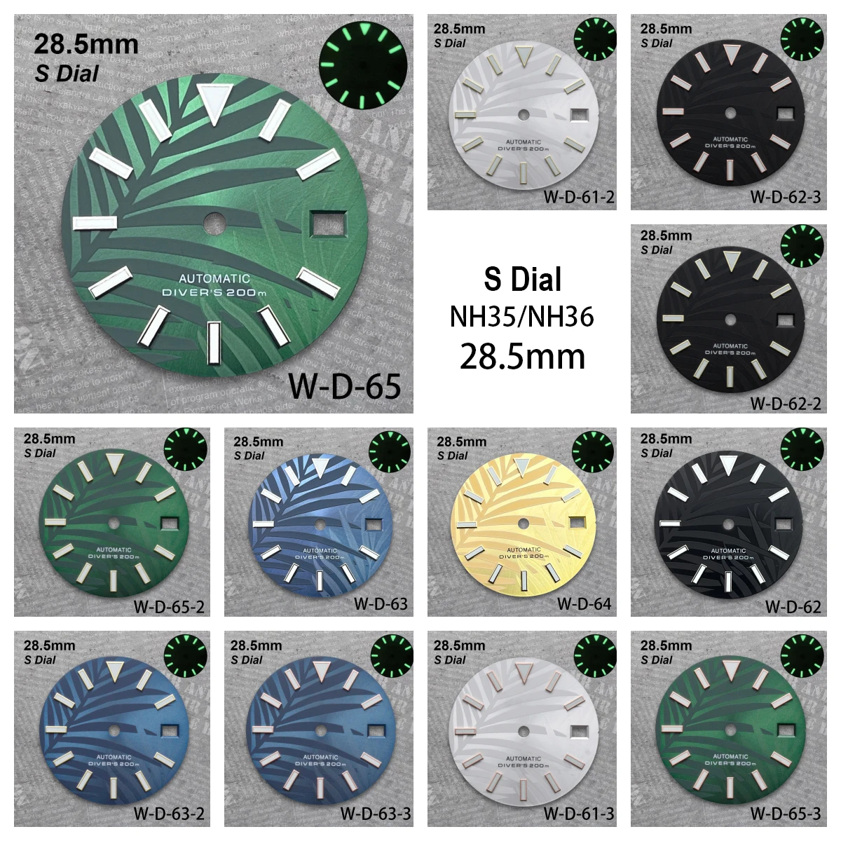 28.5mm SKX007 S Dial Fit NH35/36/4R/7S Automatic Movement Green Luminous Bamboo Leaf Watch Modification Accessories
28.5mm SKX007 S Dial Fit NH35/36/4R/7S Automatic Movement Green Luminous Bamboo Leaf Watch Modification Accessories