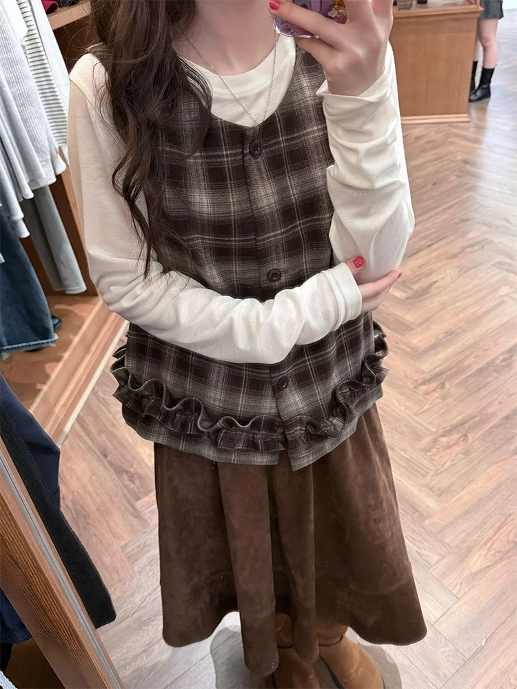 Early Autumn Plaid Vest Long Sleeve Base Shirt Half Skirt Three Piece Set Women's plus Size Casual Style Polyester Fiber
Early Autumn Plaid Vest Long Sleeve Base Shirt Half Skirt Three Piece Set Women's plus Size Casual Style Polyester Fiber