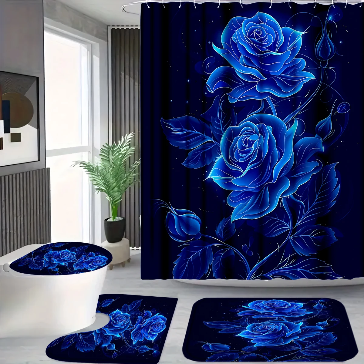 4Pcs Glowing Blue Rose Shower Curtain Set with Hooks, Neon Floral Starry Night Print Waterproof Mildew Resistant Fabric Bath Mat for Family Bathroom Home Decor
4Pcs Glowing Blue Rose Shower Curtain Set with Hooks, Neon Floral Starry Night Print Waterproof Mildew Resistant Fabric Bath Mat for Family Bathroom Home Decor